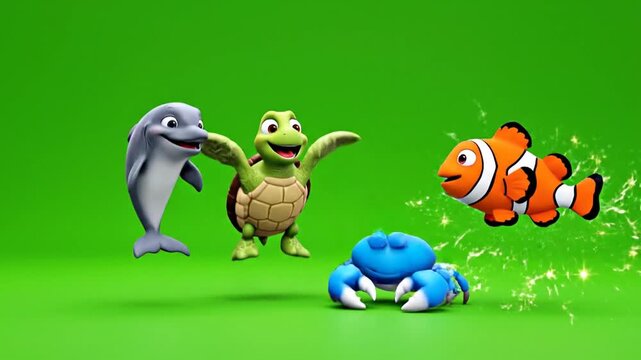 Vibrant 3D Cartoon Ocean Friends: Dolphin, Turtle, Clownfish, Crab on Green Screen