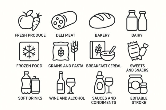 Grocery food and product categories line icon set with items like fruits, meat, pasta and beverages. Vector illustration pictograms of snacks, candy, sauces, cereal, grains, wine, editable stroke.