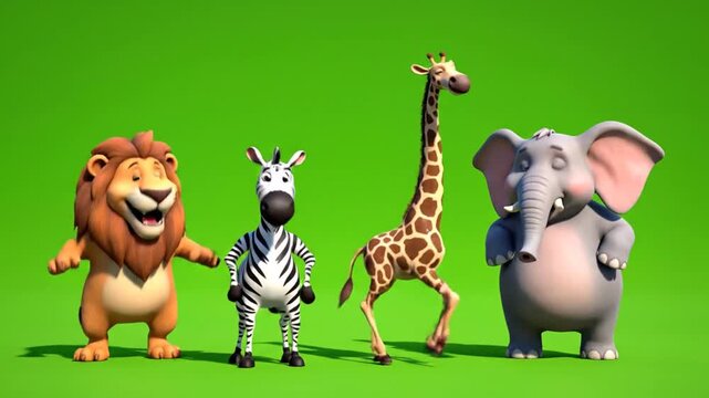 Happy 3D Cartoon Safari Animals Group on Bright Green Background