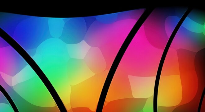 Prismatic geometric abstraction, a dynamic arrangement of vivid hues and dark contrasting curves