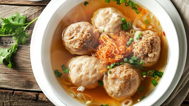 A close-up shot of a delicious bowl of Indonesian bakso meatballs in a clear savory broth, garnished with fried shallots and chopped green onions, served on a rustic wooden table.