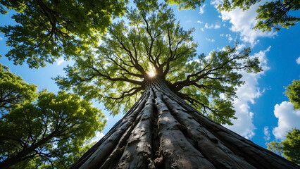 Worm's eye view of a large tree trunk and green canopy against a bright blue sky and sunburst