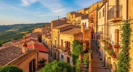 Picturesque italian village nestled among rolling hills under a vibrant blue sky evoking a sense