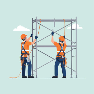 Skilled construction professionals in protective gear meticulously erect a robust scaffolding system, demonstrating teamwork and adherence to safety protocols.