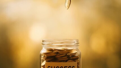 financial success freedom performance concept. Glass jar labeled "SUCCESS" filled with coins against a warm background.