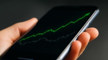 financial success freedom performance concept. Hand holding smartphone displaying rising stock market graph. - Powered by Adobe