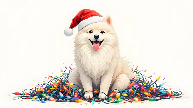 Cute Samoyed Dog Wearing Santa Hat Sitting on a Pile of Tangled Christmas String Lights