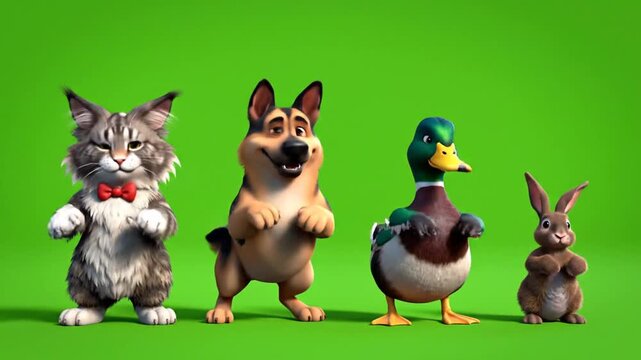 Charming 3D Cartoon Animal Friends Line Up on Green Screen Background