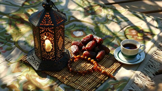Ramadan Iftar setup with dates, coffee, prayer beads, and an ornate lantern on a patterned mat in warm sunlight.
