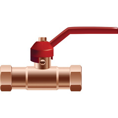 Shiny Brass Ball Valve with Red Handle and Threaded Connections on a White Background