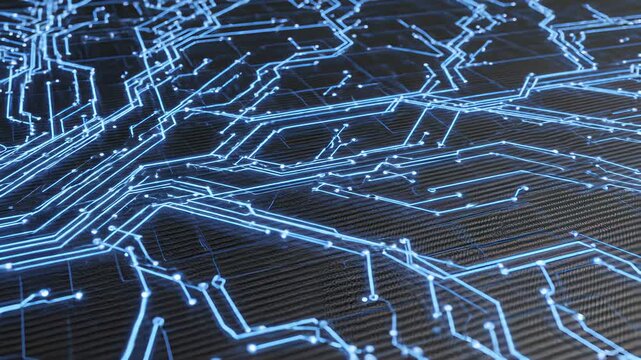 High performance computer circuit board with intricate blue lights illuminating innovative thinking concepts, perfect for showcasing technological advancements in corporate settings or.