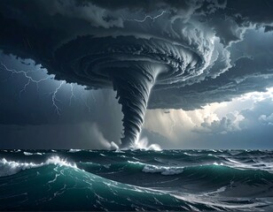 A colossal waterspout rips through the tumultuous ocean surface, under a menacing, swirling, storm cloud. Lightning illuminates the chaos
