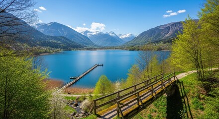 Serene alpine lake scenery with wooden pier and bridge showcasing pristine nature