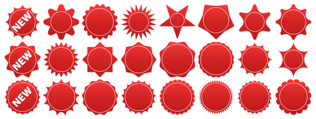 Vibrant red labels and badges set, announcing new arrivals and deals - editable effects