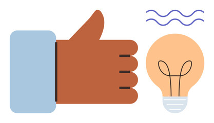 Thumbs-up hand gesture beside lightbulb and wavy lines symbolizing innovation, approval, and imagination. Ideal for creativity, leadership, teamwork, innovation, problem-solving, positivity
