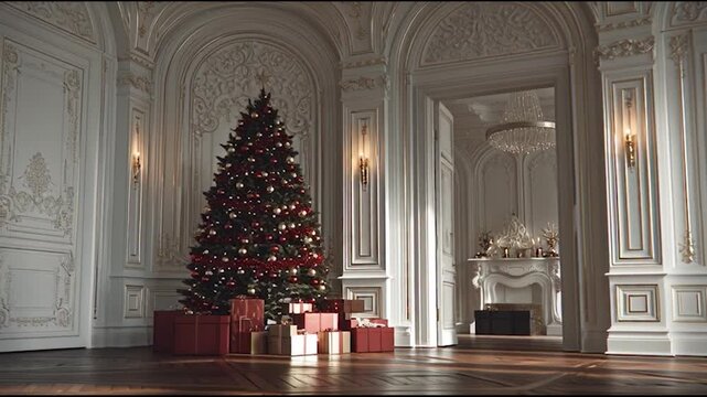 Elegant Christmas celebration in luxury home with ornate decorations and festive gifts, perfect for holiday promotions and seasonal events