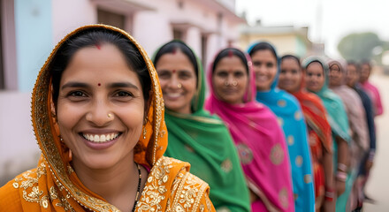 Voting India Group of Smiling Women Standing in Queue Ready to Vote Election Process Democracy Female Citizen Political Right Duty Citizenship Choosing Future State Administration Representation