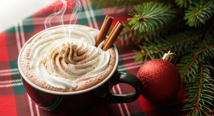 A festive mug of hot chocolate with whipped cream, cinnamon sticks, and a red Christmas ornament on a plaid tablecloth.