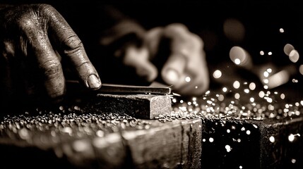 Craftsman Working with Wood and Tools in Black and White Photography