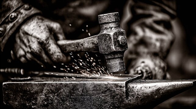Blacksmith Hammering Metal with Sparks Flying in Workshop Scene