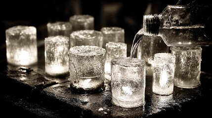 Captivating Ice Cubes with Water Pouring in Dramatic Lighting