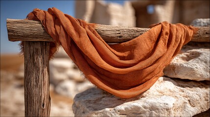 Warm Rust Color Fabric Draped Over Rustic Wooden Post in Nature