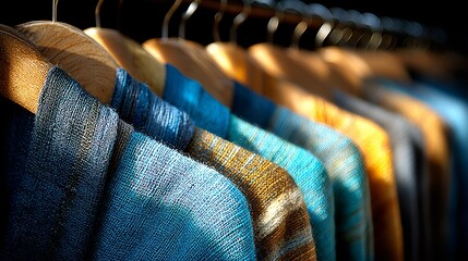 Colorful Textiles Hanging on Wooden Hangers in Soft Lighting