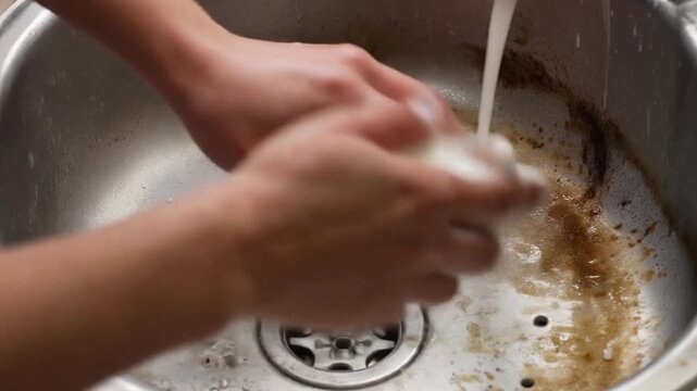 Hands actively scrubbing and rinsing under a stream of water in a dirty, sudsy metal kitchen sink, depicting a common household chore