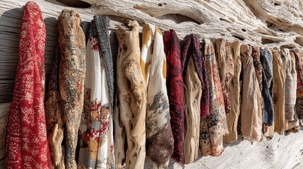 Textured Fabrics Displayed on Driftwood Along a Coastal Environment