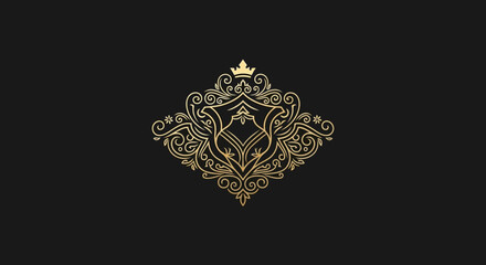 Elegant golden ornate emblem with a crown and intricate scrollwork on a black background, featuring a luxurious design.