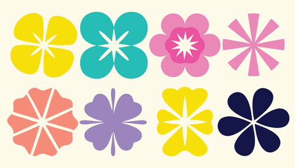 Simple Retro Colorful Abstract Flower Shapes Icon and Motif Collection