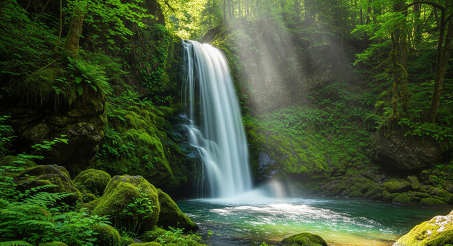 A view of a natural waterfall flowing in the middle of a dense forest with fresh green trees.