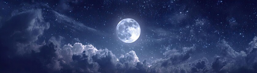 Naklejka premium Mystical moon floating in starry night sky concept. A stunning night sky illuminated by a bright, full moon.