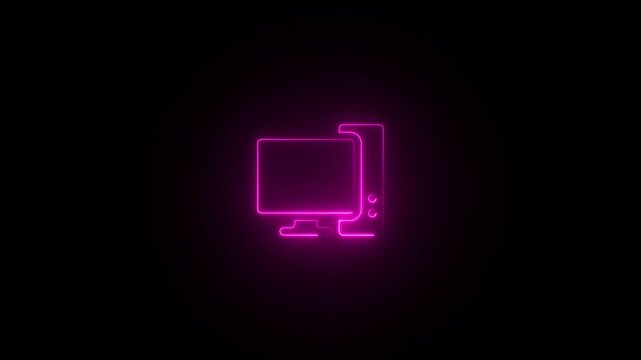 Pink neon icon of a desktop computer and a mobile phone on a black background monitor screen