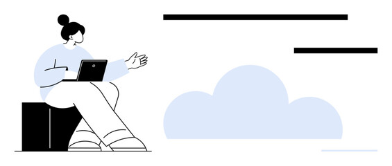 Woman sitting, using a laptop, conversational gesture, abstract cloud and lines. Ideal for technology, communication, online meeting, remote work, cloud computing collaboration digital innovation