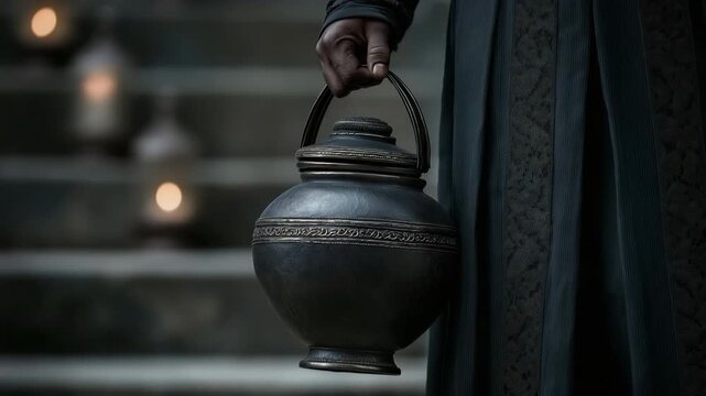 Undertaker transporting an urn filled with cremated human ashes