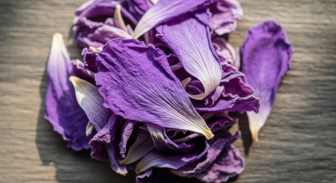 Violet petals on aged wood, texture study, botanical elements, subtle light enhancing floral beauty