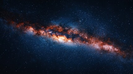 Obraz premium A stunning wide-angle view of the Milky Way galaxy stretches across the night sky, revealing vibrant star clusters, nebulae, and a luminous band of light.