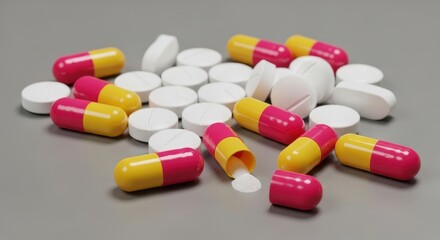 Pharmaceutical assortment of pills and capsules for medicinal use portraying wellness and health