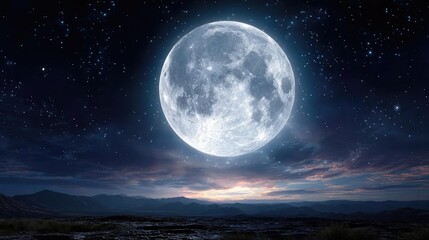 Fototapeta premium Mystical moon floating in starry night sky concept. A stunning full moon illuminates the night sky over mountains.