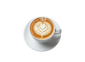 Overhead View of a Steaming Hot Cappuccino with Creamy Foam Art Heart Shape in a White Ceramic Cup on a Saucer Against a Transparent Background