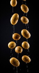 Potatoes descending against a deep backdrop: A vertical cascade of earthy ingredients