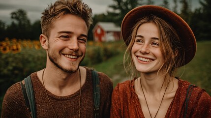 Happy Couple Smiling Outdoors at Farm with Sunflowers in Background