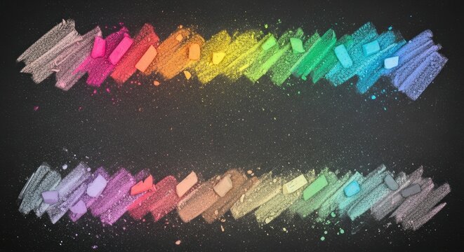 Vibrant rainbow spectrum of chalks and brushstrokes frame a dark textured canvas creating an