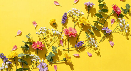 Fototapeta premium Colorful spring flowers and petals arranged on a vibrant yellow background