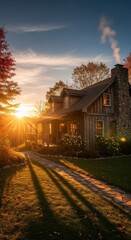 Secluded woodland cabin illuminated by the radiant glow of a serene sunset landscape