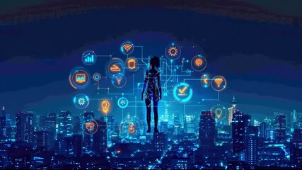 A futuristic cityscape at night with a central figure surrounded by glowing digital icons representing data and technology. - Powered by Adobe