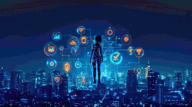 A futuristic cityscape at night with a central figure surrounded by glowing digital icons representing data and technology. - Powered by Adobe