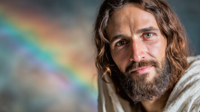 A smiling man with long hair stands beneath a glowing rainbow sky, his laughter shining with warmth and happiness. The bright light symbolizes pure joy and inner peace.