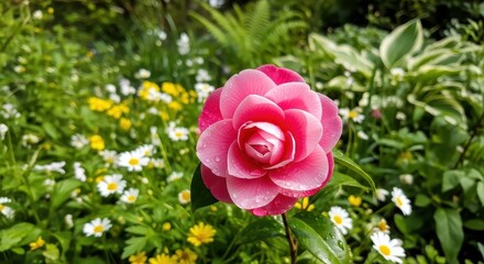 Serene floral beauty: A vibrant camellia surrounded by a tapestry of spring blooms